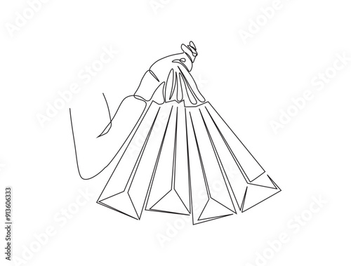 Continuous one line drawing of hand Carrying shopping bag. Holding paperbag for shopping and sale concept.