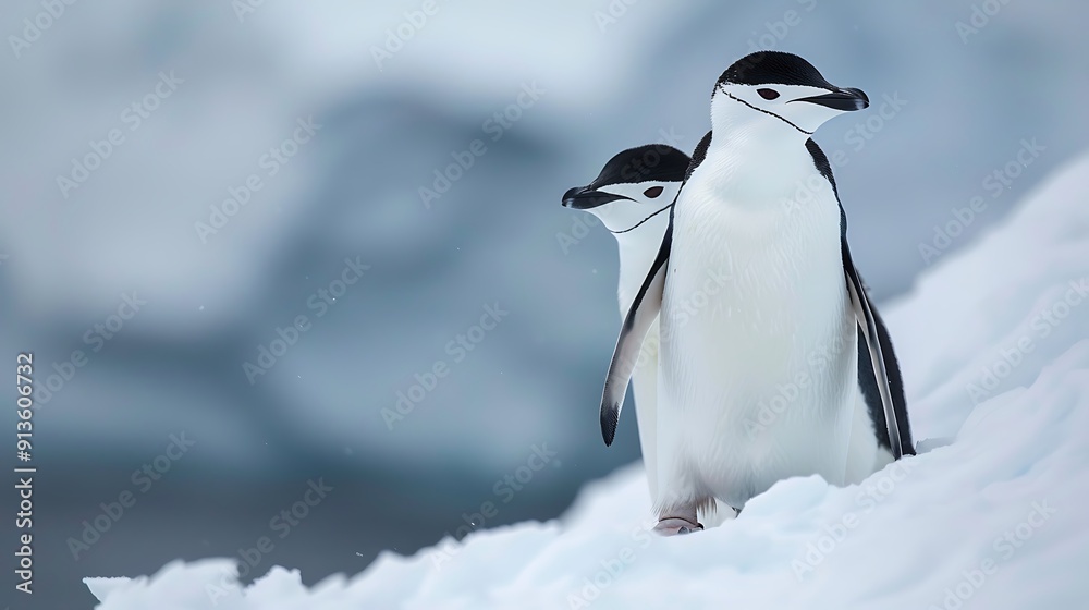 Obraz premium Two Chinstrap Penguins Standing Together on Snow