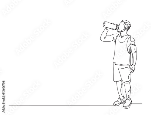 Continuous one line drawing of man drinking water from the bottle. Drinking water simple line illustration. Healthy lifestyle concept.