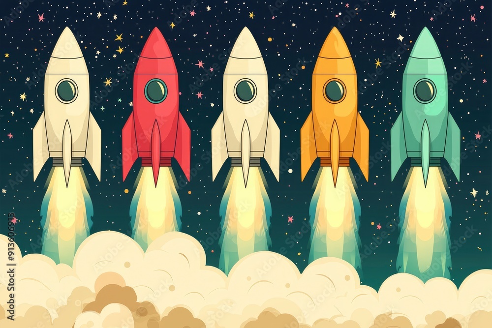 Five Retro Rocket Ships Launching into Space Five Retro Rocket Ships Launching into Space