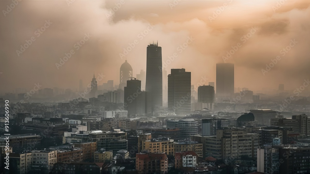 Obraz premium The city landscape is shrouded in thick smog, where buildings are barely visible, demonstrating severe air pollution.