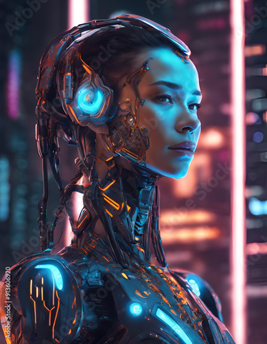 Futuristic Cyborg Portrait with Robotic Details and Neon Accents