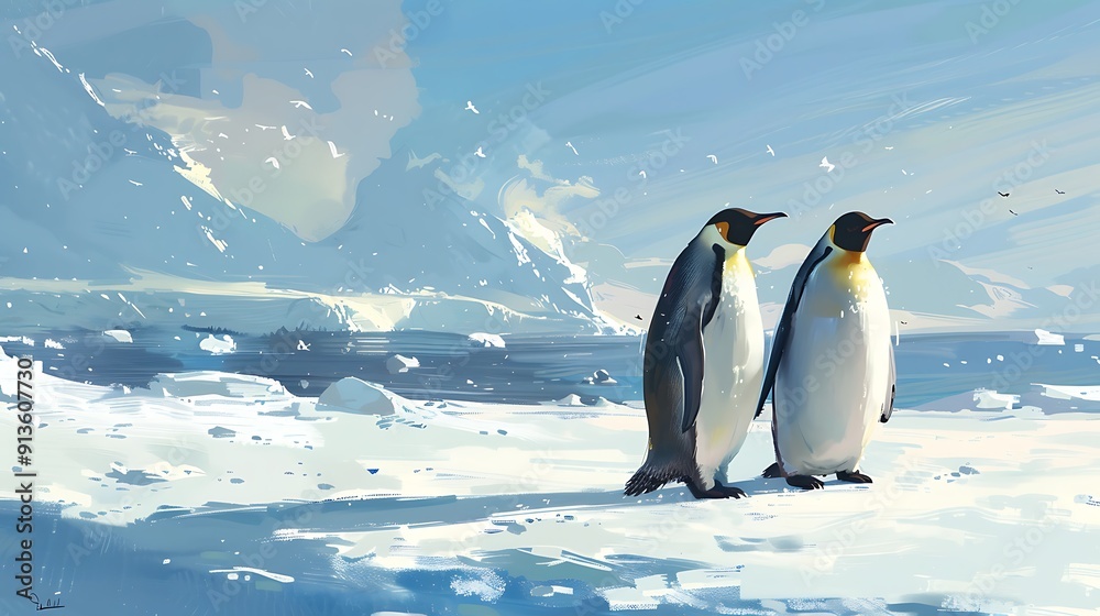 Fototapeta premium Two Penguins Standing on a Snowy Landscape