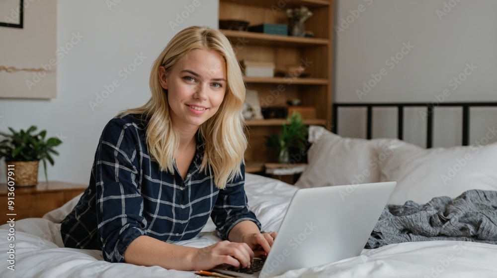 Young blonde woman working from home in her bed Young blonde woman working from home in her bed