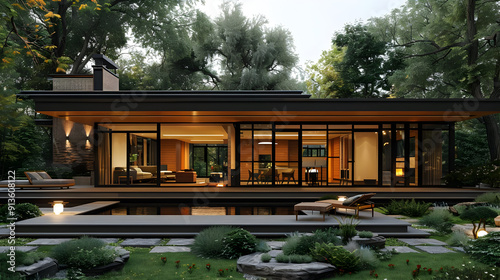 Modern House with Pool and Garden 3D Illustration