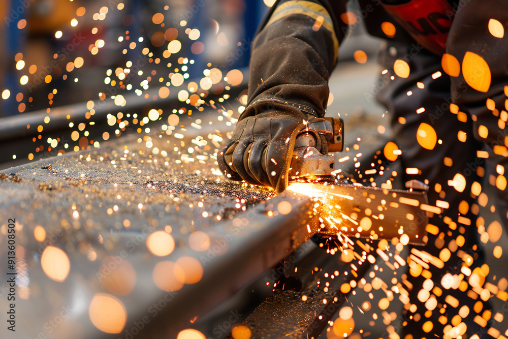 Worker using an angle grinder to cut metal, bright sparks flying, focus on the tool and action, industrial setting Worker using an angle grinder to cut metal, bright sparks flying, focus on the tool and action, industrial setting