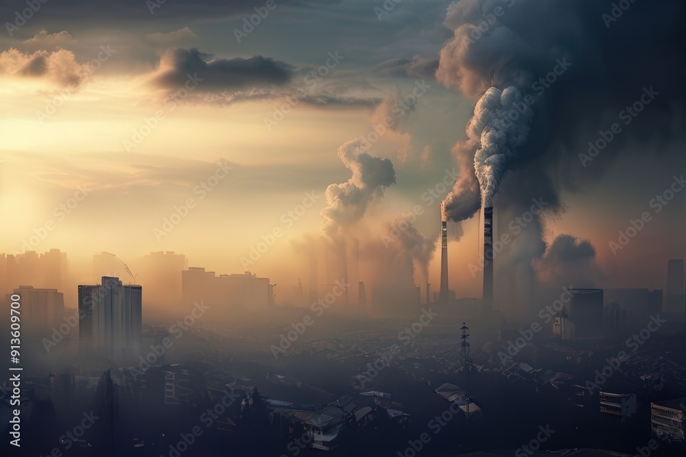the AI Image Generator, city with factories and smoke in the air the AI Image Generator, city with factories and smoke in the air