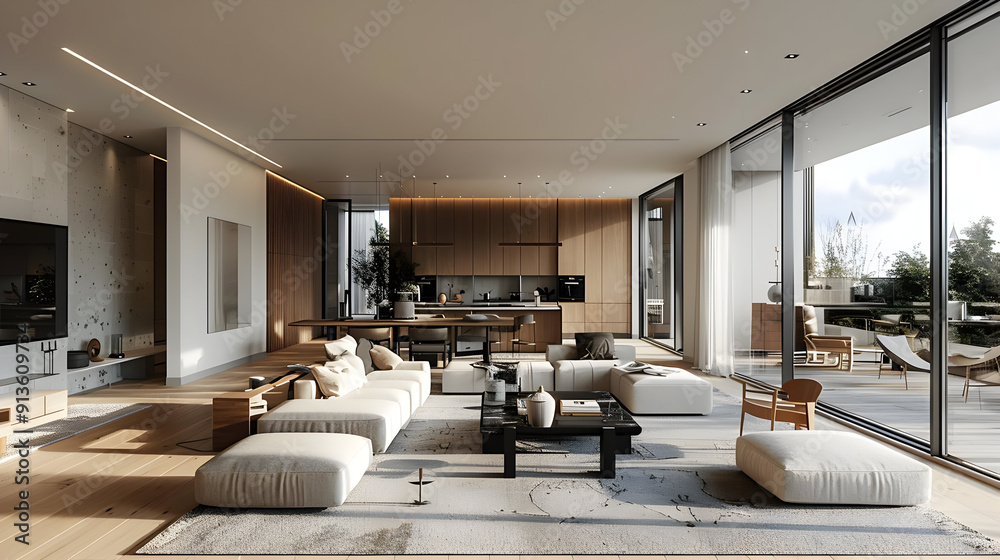 Modern Living Room Interior Design with Wooden Accents - Illustration Modern Living Room Interior Design with Wooden Accents - Illustration