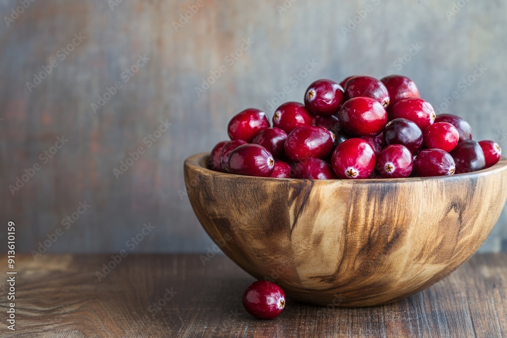 Fresh cranberries in a wooden bowl, vibrant red, evoking a holiday theme and showcasing winter fruit Fresh cranberries in a wooden bowl, vibrant red, evoking a holiday theme and showcasing winter fruit