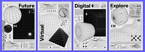 Brutalism y2k posters, with retro grid and 3d abstract shapes. Vector black and white cards or backgrounds with abstract monochrome geometric surreal figures and wireframe mesh in futuristic style