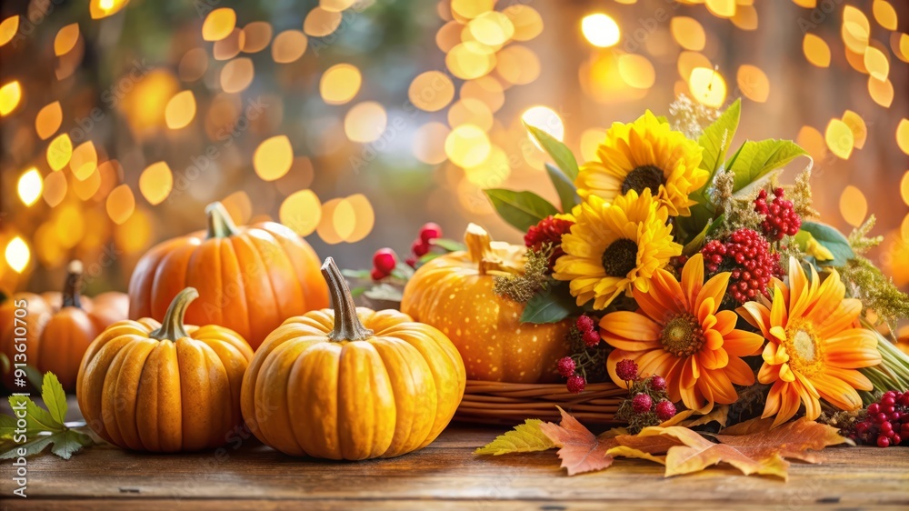 Autumnal Still Life with Pumpkins, Flowers and Bokeh Lights.