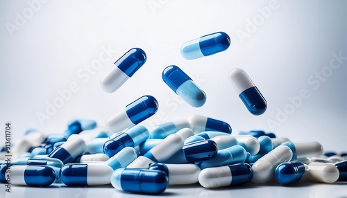 Falling blue white medicine pills capsules on white background.