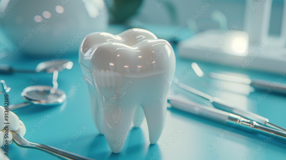 Close-up of a white tooth model and shiny dental instruments, with a blue background providing contrast. Close-up of a white tooth model and shiny dental instruments, with a blue background providing contrast.