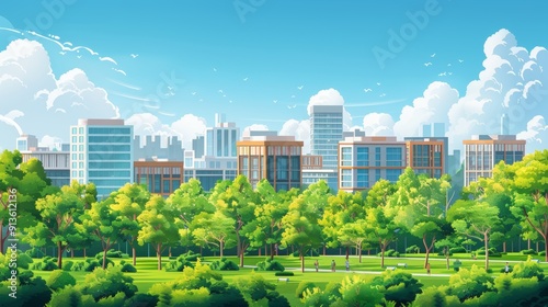 Fototapeta Naklejka Na Ścianę i Meble -  Cartoon vector university campus with iconic buildings and green spaces