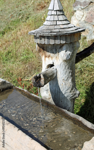 Wallpaper Mural fountain made using wood and a tree trunk that emits fresh spring water Torontodigital.ca