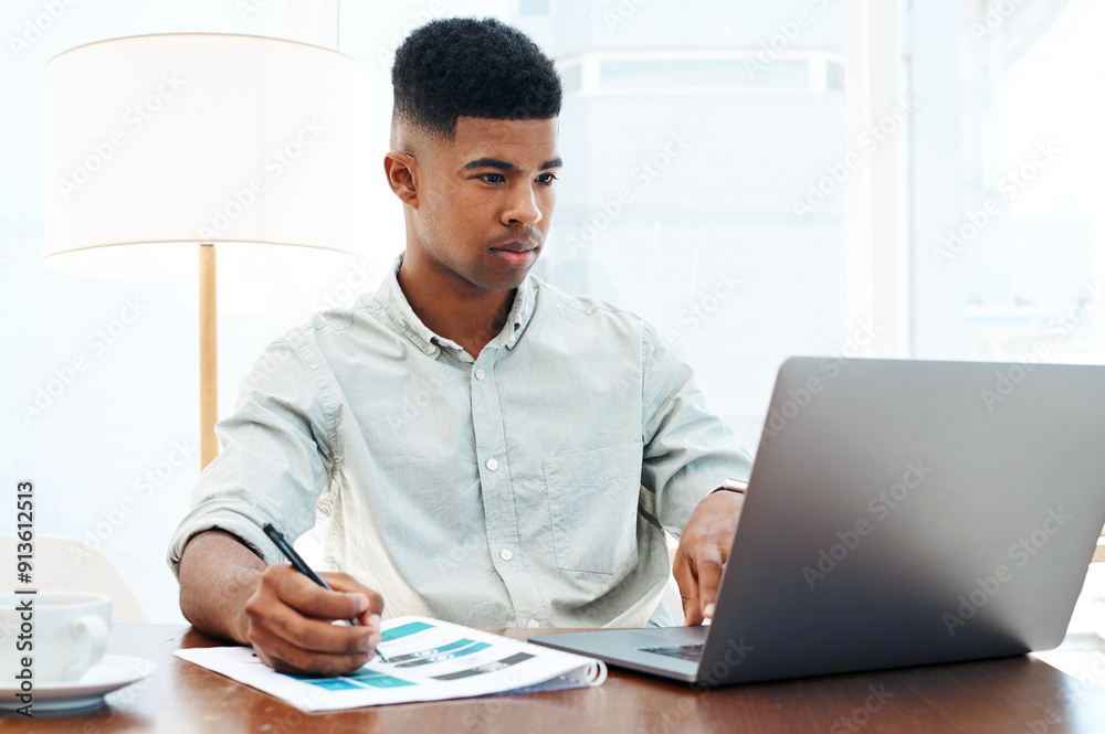 Online, document and business man at desk for proposal, project review or budget plan. Professional, media agency and African male employee with paperwork for report, startup or notes in office Online, document and business man at desk for proposal, project review or budget plan. Professional, media agency and African male employee with paperwork for report, startup or notes in office