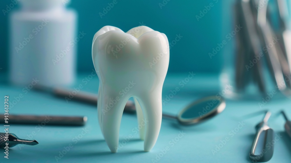Close-up of a white tooth model with stainless dental instruments on a blue backdrop, showcasing precision tools. Close-up of a white tooth model with stainless dental instruments on a blue backdrop, showcasing precision tools.