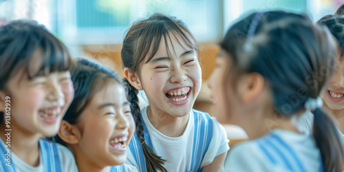 A group of young school girls laughing together in a classroom, radiating pure joy and friendship.