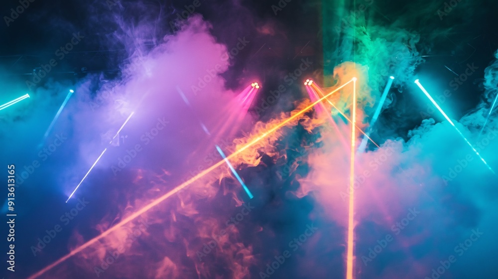 Fototapeta premium Vibrant and colorful laser beams shimmer through a veil of mist.