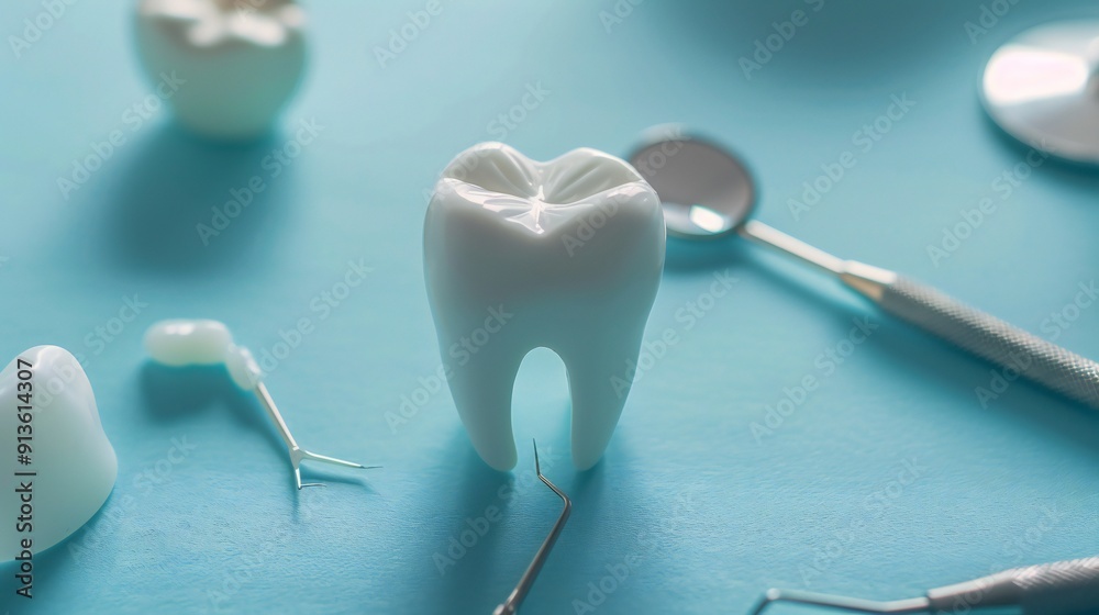 Close-up of a white tooth model and stainless dental tools on a blue backdrop, showing detail and cleanliness Close-up of a white tooth model and stainless dental tools on a blue backdrop, showing detail and cleanliness