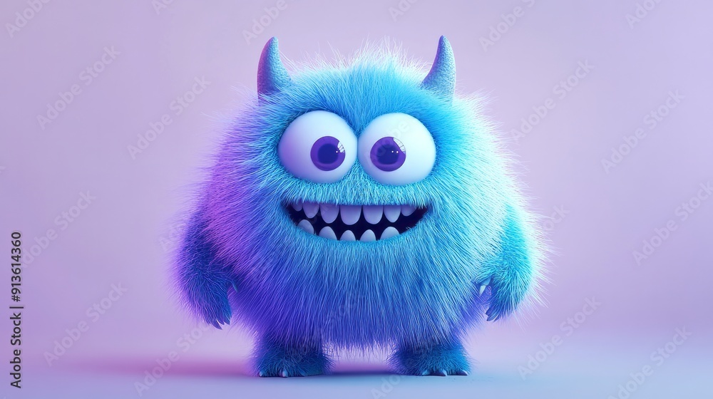 Fototapeta premium Cute blue furry monster 3D cartoon character