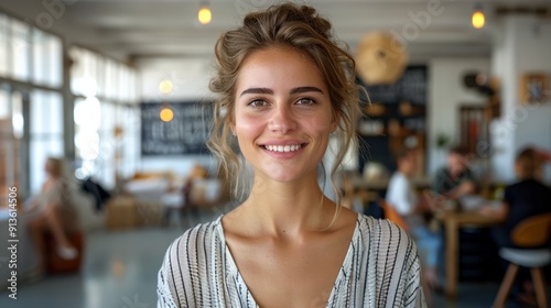 Young Woman Smiling at Camera in Bright Café With People Enjoying Their Day Free Download Young Woman Smiling at Camera in Bright Café With People Enjoying Their Day - GFXLoad