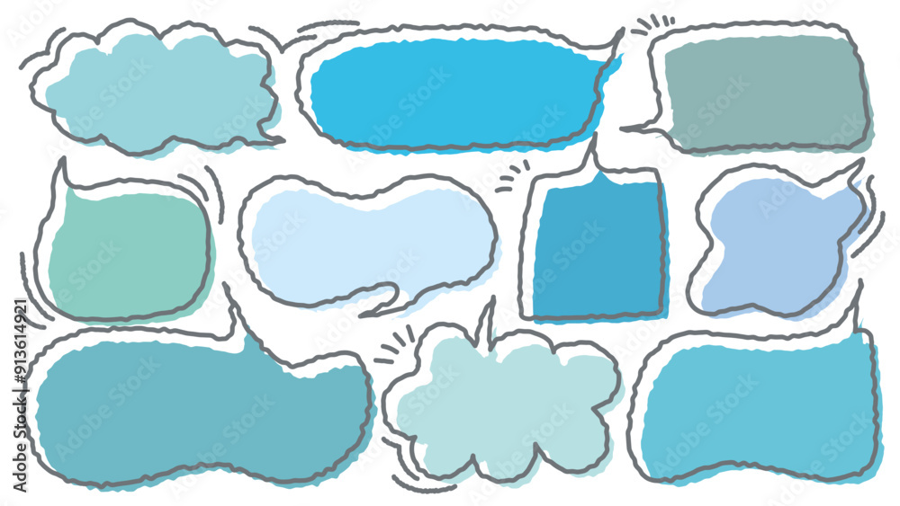 Collection of blue color cute dialog box. Hand drawn with crayon drawing memo sticker. Doodle style chat frame for text. Cartoon conversation balloon. Set of speech bubbles in flat for short message. Collection of blue color cute dialog box. Hand drawn with crayon drawing memo sticker. Doodle style chat frame for text. Cartoon conversation balloon. Set of speech bubbles in flat for short message.