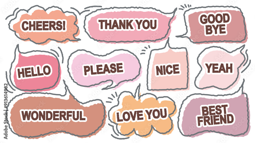 Set of cute pink color dialog box with positive word. Variety of hand draw with crayon speech bubble. Retro greeting memo doodle. Cartoon style message. Cheers, Thank you, Hello, Love, Best Friend. Set of cute pink color dialog box with positive word. Variety of hand draw with crayon speech bubble. Retro greeting memo doodle. Cartoon style message. Cheers, Thank you, Hello, Love, Best Friend.