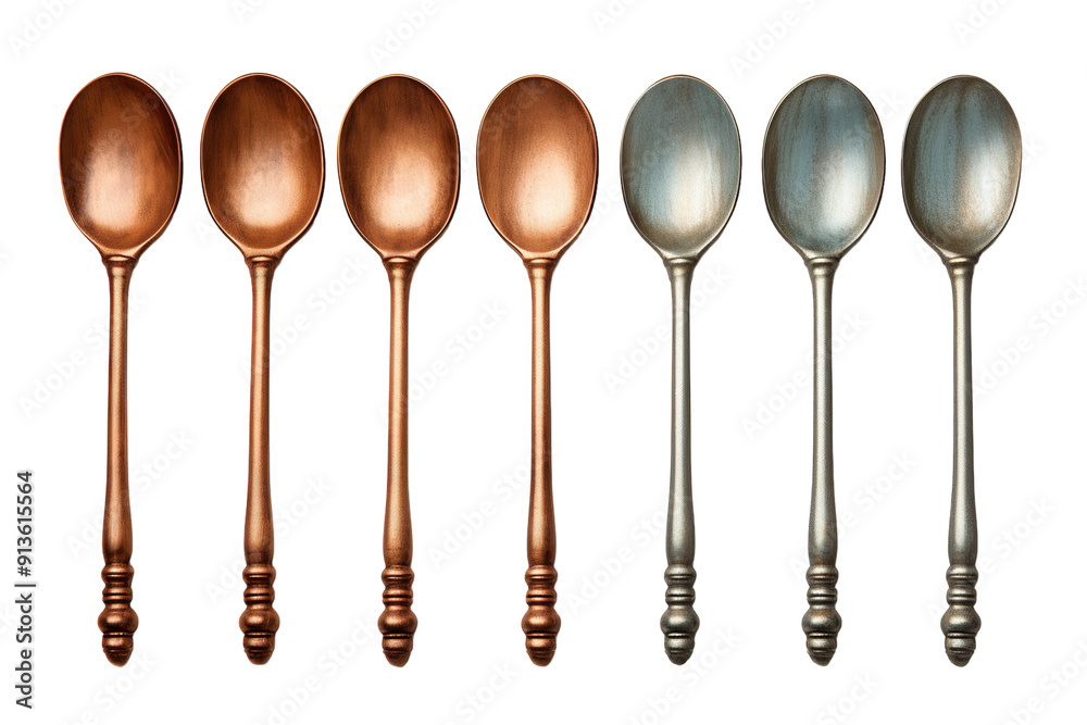 Fototapeta premium Artisan Crafted Spoons Displayed in a Row Evoking Elegance and Timeless Kitchen Aesthetics on Transparent PNG Background.
