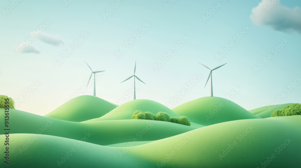 Fototapeta premium 3D rendering of cartoon green hills, a few wind turbines on the hills, in a cute style, with green grass