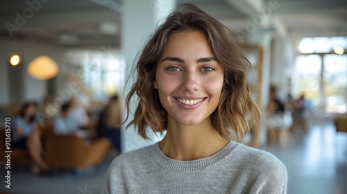 Free Download Young Woman Smiling Brightly Inside Modern Office Setting During Daytime - GFXLoad