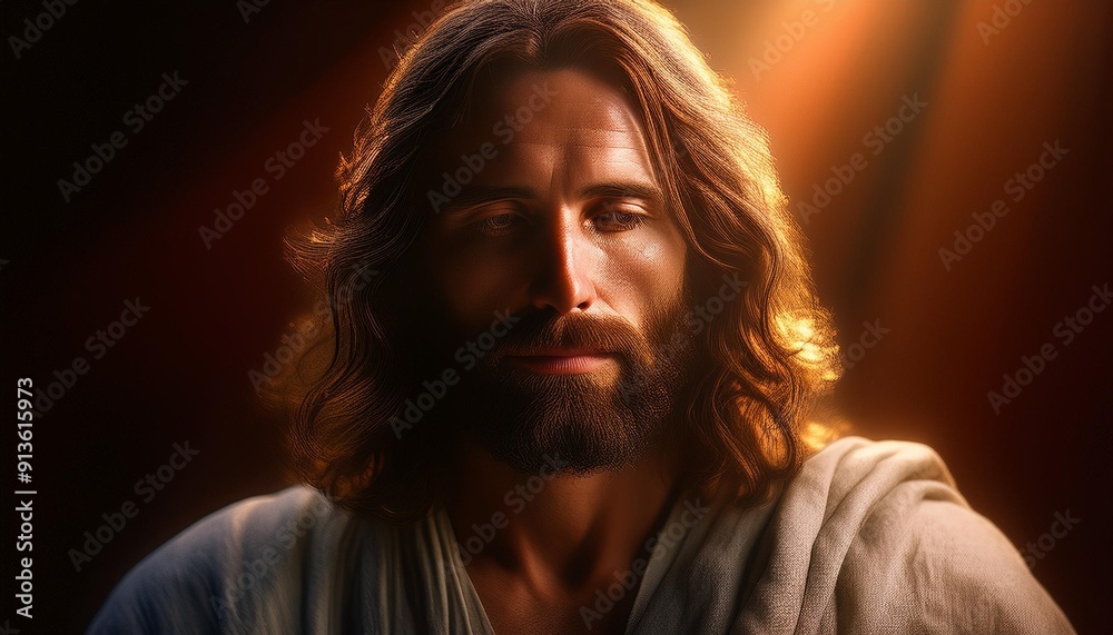Portrait of Jesus captured in an emotive and serene moment. Portrait of Jesus captured in an emotive and serene moment.