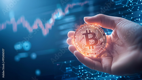 A hand holding a Bitcoin coin. Concept of excitement and anticipation, as the person is about to make a transaction using the digital currency.