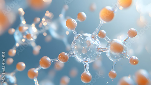 3D render showing glycolic acid molecules exfoliating the skin surface, with before and after effects on skin texture and brightness.