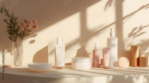 3D render of a complete skincare routine, from cleansing with salicylic acid to applying moisturizer and SPF, showcasing the synergistic effects on skin health. photo