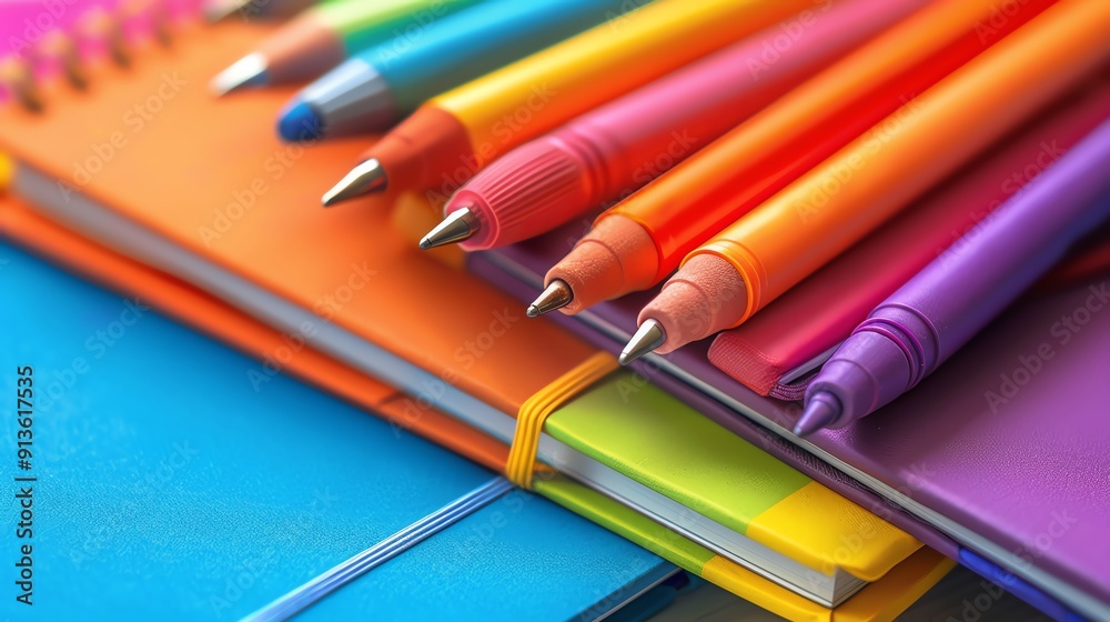 Fototapeta premium Colorful notebooks and pens for back to school close up, educational theme, vibrant, Overlay, pastel background