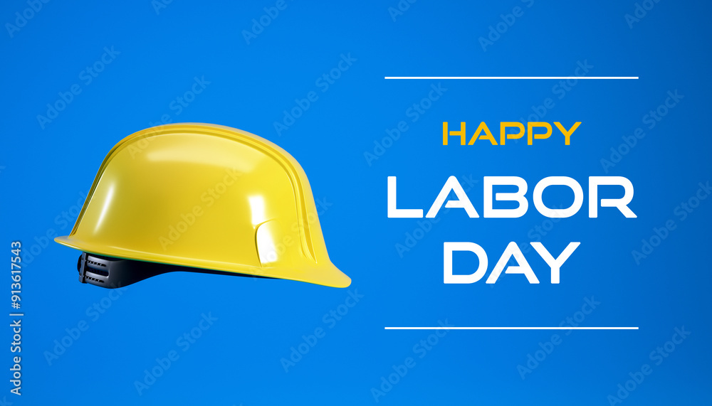 Fototapeta premium Happy Labor Day background with yellow hard hat isolated on blue background, 3d render.