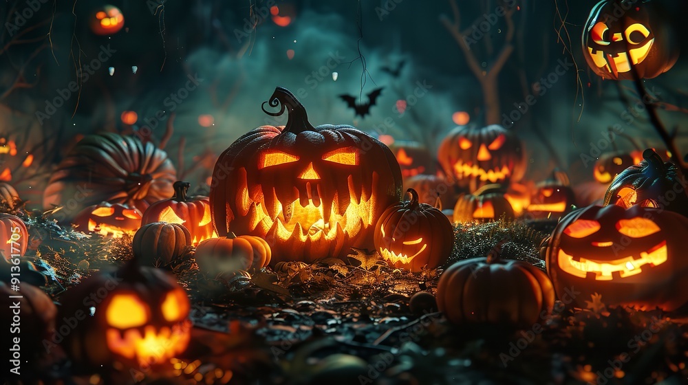 Generative AI Illustration of Illuminated Carved Pumpkin Generative AI Illustration of Illuminated Carved Pumpkin