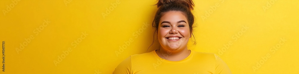 Joyful Woman Smiling Against a Yellow Background Joyful Woman Smiling Against a Yellow Background
