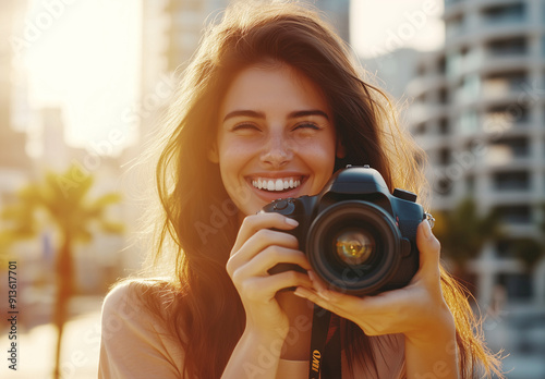 Young woman joyfully posing with a camera at sunset in a park. Generative AI.