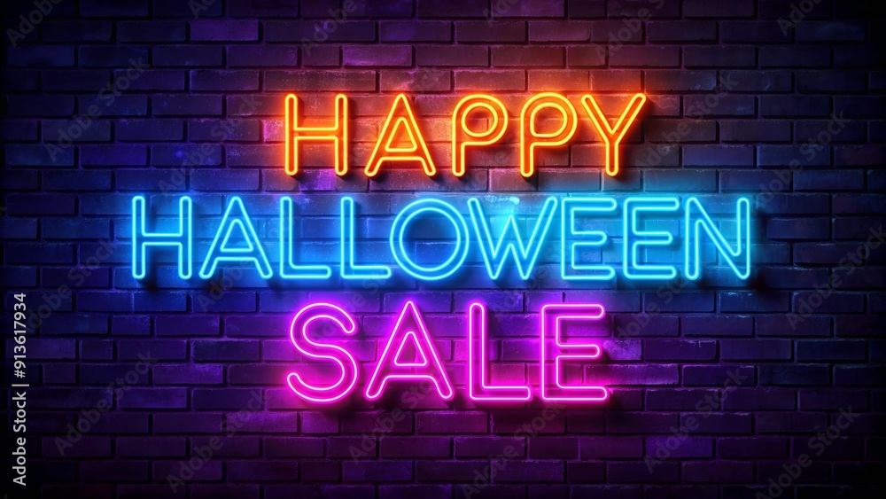 Obraz premium Neon Happy Halloween Sale sign with glowing text, perfect for attracting customers during Halloween. Features a mix of neon blue, pink, and orange colors
