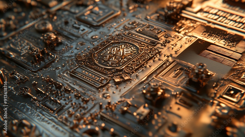 Closeup of a Metallic Surface with Ornate Detailing Closeup of a Metallic Surface with Ornate Detailing