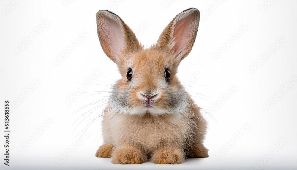 Fototapeta premium A fluffy bunny sitting on a white background, with long ears and a twitching nose, showcasing the adorable features of this gentle creature.