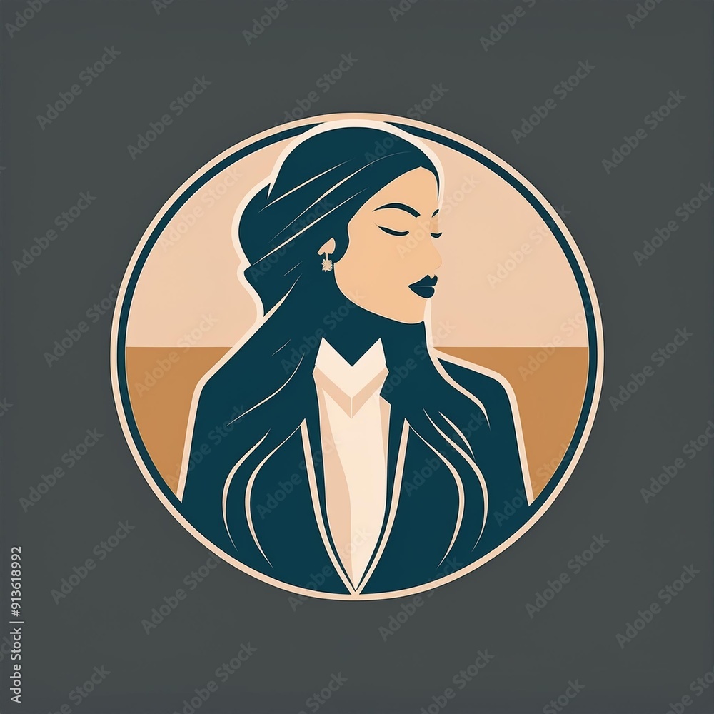 logo rond en dessin ia, femme professionnelle en costume, manager ou agent secret rouge à lèvre