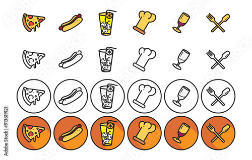  Fast food web icons. Restaurant icon set. Black and White icons. Colorful icons. Vector Illustration.