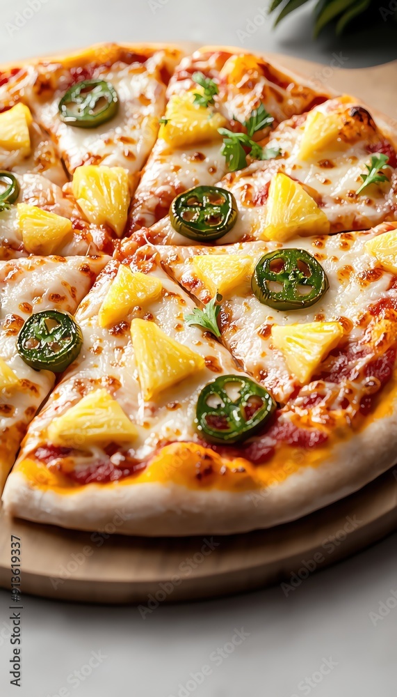 Delicious pizza topped with pineapple, jalapeno, and melted cheese. Perfect for a tropical twist on classic flavors. Delicious pizza topped with pineapple, jalapeno, and melted cheese. Perfect for a tropical twist on classic flavors.