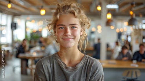 Smiling Young Woman in Casual Grey Shirt at a Cozy Café During Daytime