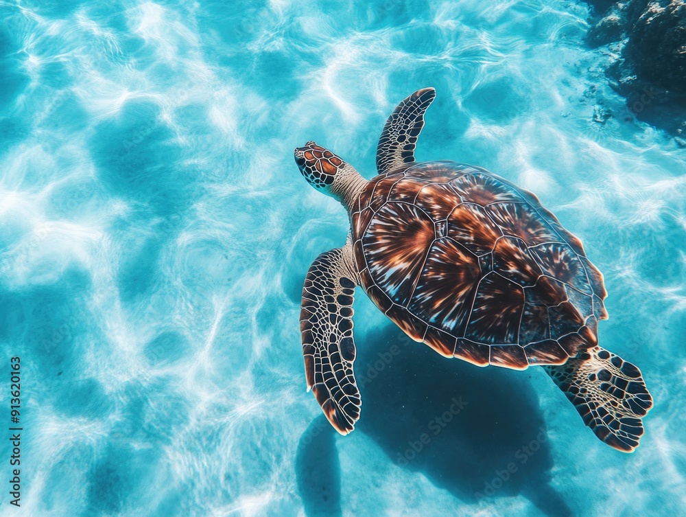 Fototapeta premium Turtle Swimming in Clear Blue Water