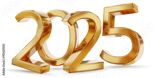 year 2025 symbol icon, golden metallic 3d-illustration, isolated