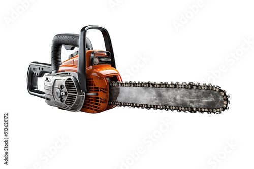 Majestic Chainsaw Resting on Rustic Wood Surface Under Bright Afternoon Sunlight in Serene Forest Environment on Transparent PNG Background. photo